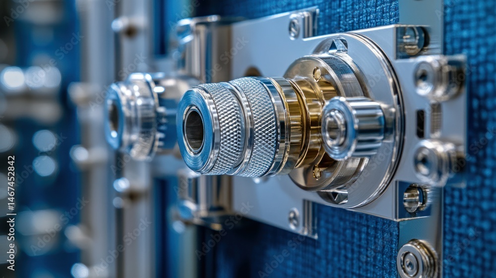 Close-up view of a vault's intricate locking mechanism. Detailed view of the security features, showcasing the precision engineering and components of a high-security safe Close-up view of a vault's intricate locking mechanism. Detailed view of the security features, showcasing the precision engineering and components of a high-security safe
