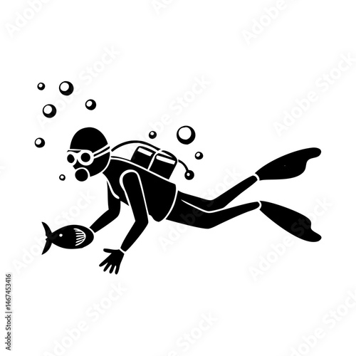 Black silhouette of a scuba diver with a fish underwater scene