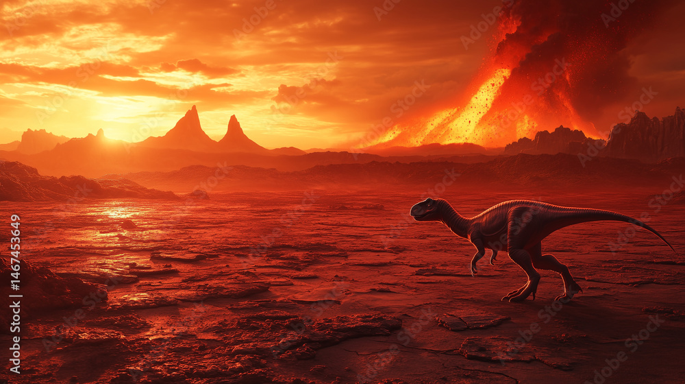 Obraz premium Alone dinosaur walking across cracked, barren earth under a fiery red-orange sky with volcanic eruption apocalyptic background for dramatic storytelling or educational content.
