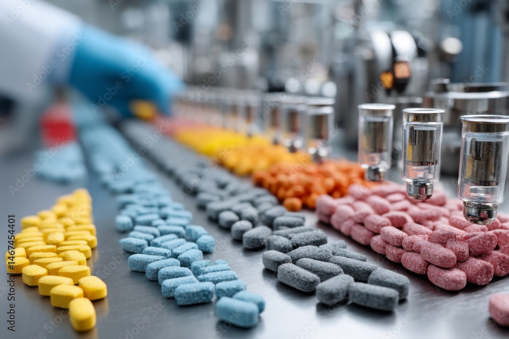 Obraz premium Pharmaceutical Manufacturing Process: Colorful Pill Production with Glove and Dispenser System for Quality Control