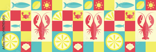 Modern geometric pattern with lobsters, crabs, fish, lemons and shells on colourful background. Cuisine ornament. Abstract decorations. Simple flat style. Minimalistic style. Vector illustration.