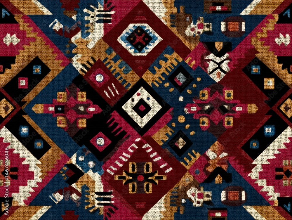 Colorful geometric pattern of traditional textile design with vibrant shapes and motifs Colorful geometric pattern of traditional textile design with vibrant shapes and motifs
