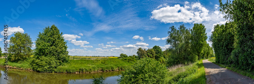 Panoramaansicht eines renaturierten Teilabschnitts des Fluss Nidda in einem Naherholungsgebiet in Frankfurt am Main bei schönem, sonnigem Wetter