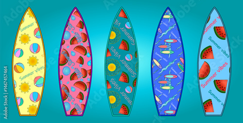Summer vector surfboard set with tropical fruit watermelons, sun and beach balls, and surfs on waves on blue gradient background. Ideal for summertime, ocean activity, and outdoor sports design.
