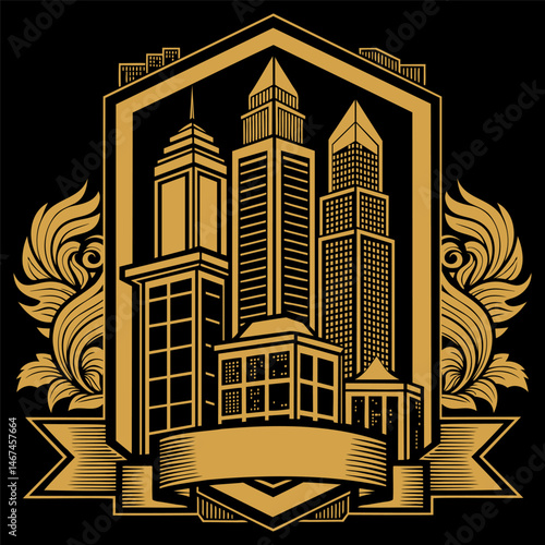 Heraldic emblem with skyscrapers and leaves in a frame on black background