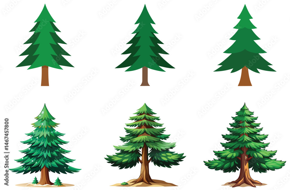 Fototapeta premium A vector set features isolated green fir trees, perfect for winter holiday and Christmas celebration decoration