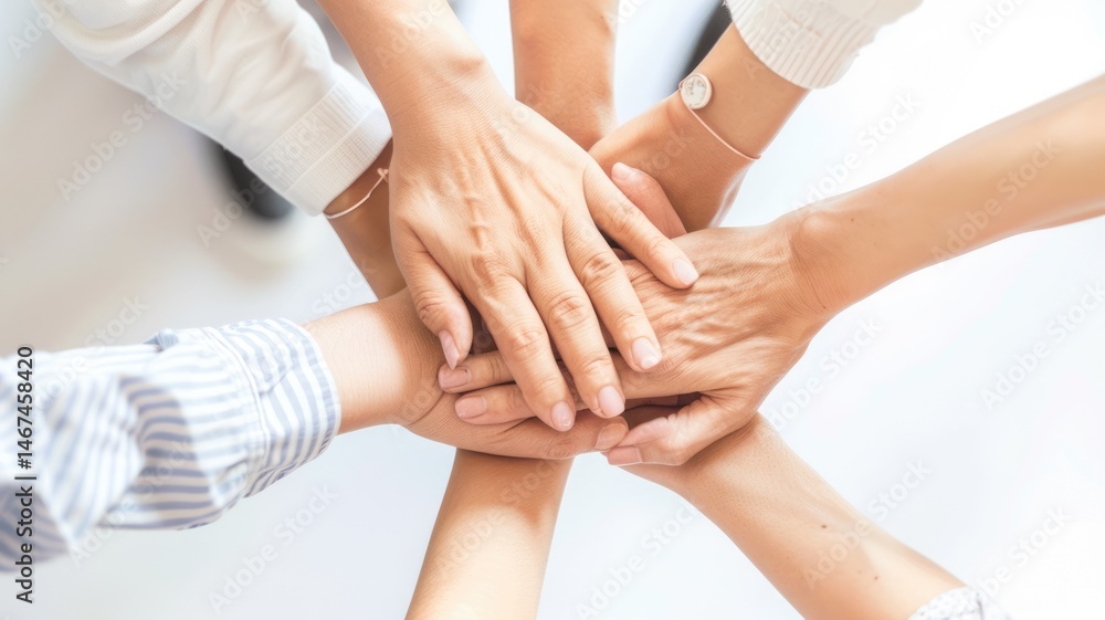 Close up of diverse people hands putting hands together and reaching hands at center. Group of multicultural making stack of hands. Collaboration, teamwork, cooperation, teamwork, supporting. AIG53. Close up of diverse people hands putting hands together and reaching hands at center. Group of multicultural making stack of hands. Collaboration, teamwork, cooperation, teamwork, supporting. AIG53.