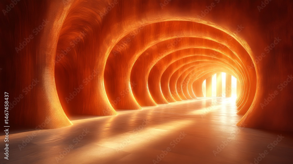 Obraz premium Tunnel of Light: An evocative architectural rendering captures a mesmerizing perspective of a tunnel, radiating a warm, inviting glow that draws the eye toward a brilliant, hopeful light at its end.