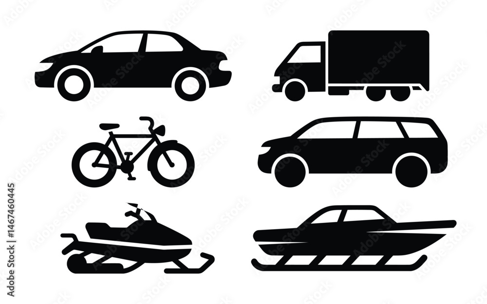 Fototapeta premium Set of Transportation Icons Featuring Land and Snow Vehicles