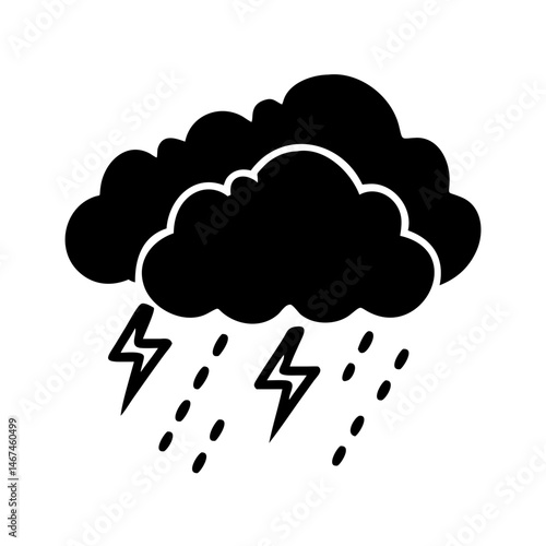 Weather icon of storm clouds with rain and lightning bolts, isolated