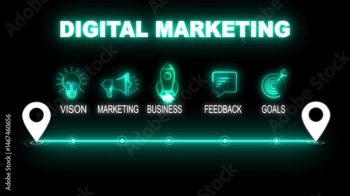 glowing neon digital marketing concept with thin line icons on black background. Infographic design. Chart with animated icons. internet and target isolated on transparent background.