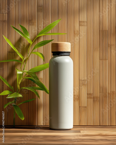 Refillable eco water bottle with bamboo cap standing on wooden surface next to green plant against bamboo wall, symbolizing sustainability and natural lifestyle