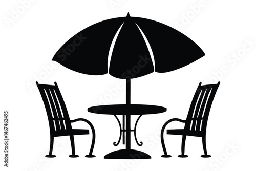 chairs and umbrella silhouette vector, , two chairs and table black symbol