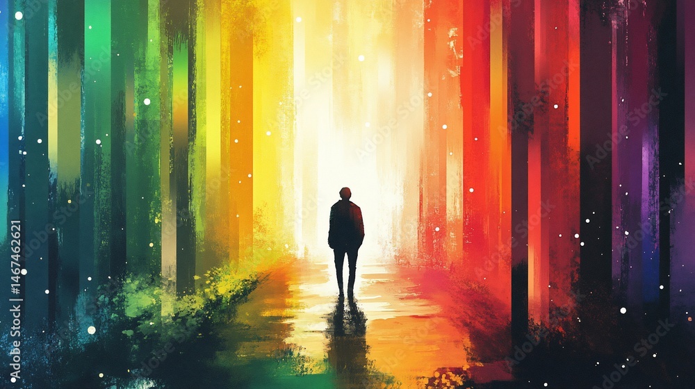 Silhouette walking through a bright, colorful abstract passage to enlightenment Silhouette walking through a bright, colorful abstract passage to enlightenment