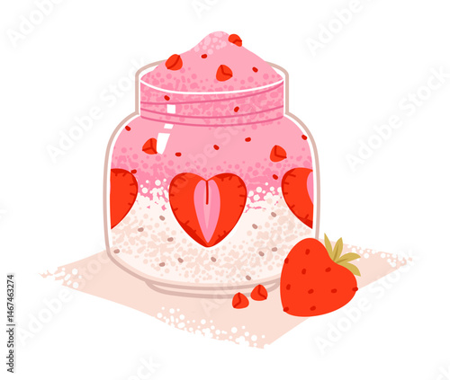 Strawberry smoothie in a fresh tropical style with juicy berries and a creamy texture. Refreshing fruit drink with strawberries, blended cream, and organic ingredients. Flat vector illustration.