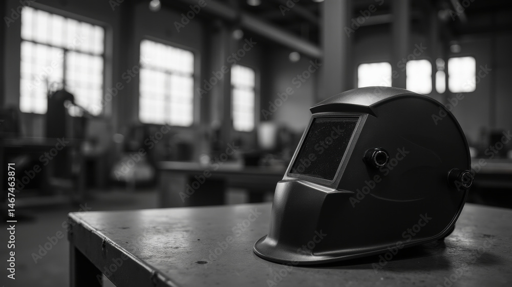 Fototapeta premium Welding helmet on workbench in industrial workshop, showcasing craftsmanship and safety in monochrome setting