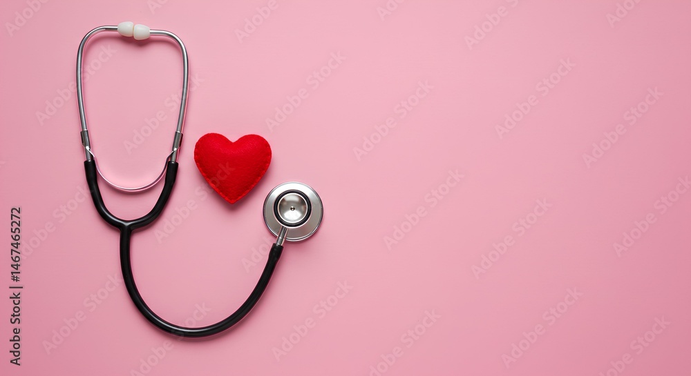 Fototapeta premium Stethoscope and Heart on Pink Background for Healthcare Concept 