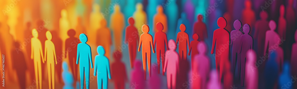 Colorful paper cut-out people figures on open palm hands. Diversity inclusion concept. Team representing equality. United community, people support, ESG theme, CSR. Teamwork, togetherness,
