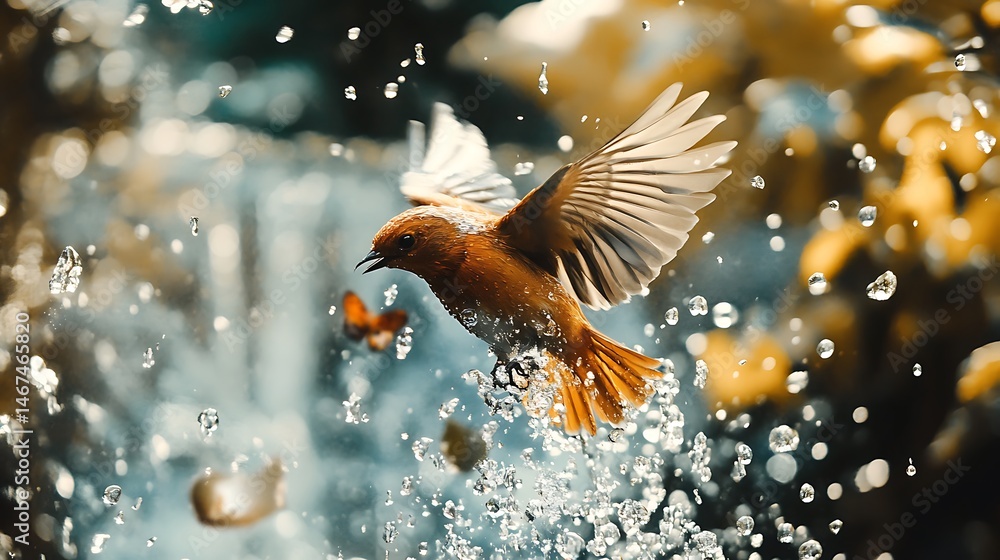 Fototapeta premium Bird in flight with wings spread among water droplets in a soft background.