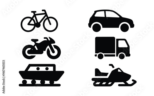 Transportation Icons Set Including Cars, Bike, Snowmobiles and More