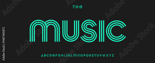 Music neon stripe font, rhythmic monoline letters, bold retro-futuristic type with clean geometry, digital media visuals, nightlife typography, vibrant typographic design. Vector typeset.