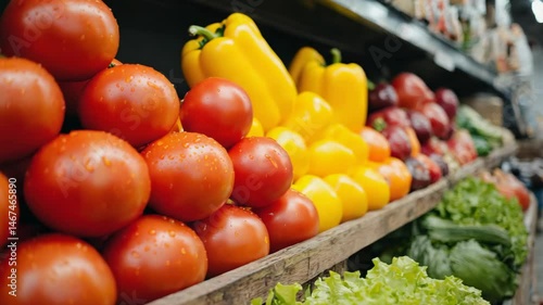 fresh tomatoes and yellow bell peppers stacked on shelf in grocery store produce section, vibrant colors healthy food concept for market and vegetable shopping visuals
