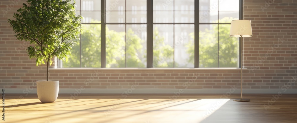 Fototapeta premium Bright indoor space with potted tree sunlight through window brick wall and wooden floor