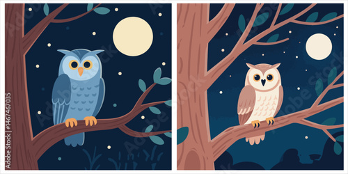 Two vector illustrations depict an owl perched on a tree branch at night, illuminated by moonlight.