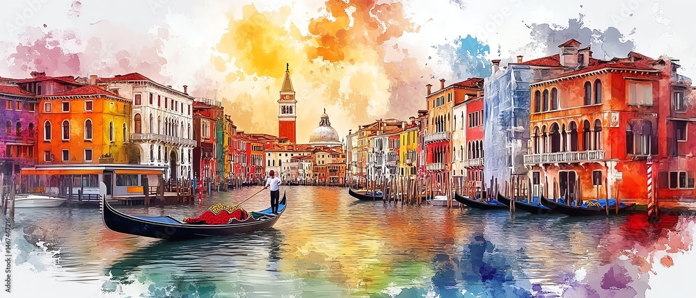 Watercolor Venice canal scene. Gondolas, buildings.