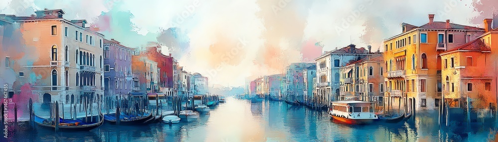 Watercolor painting of Venice canal, gondolas, buildings.