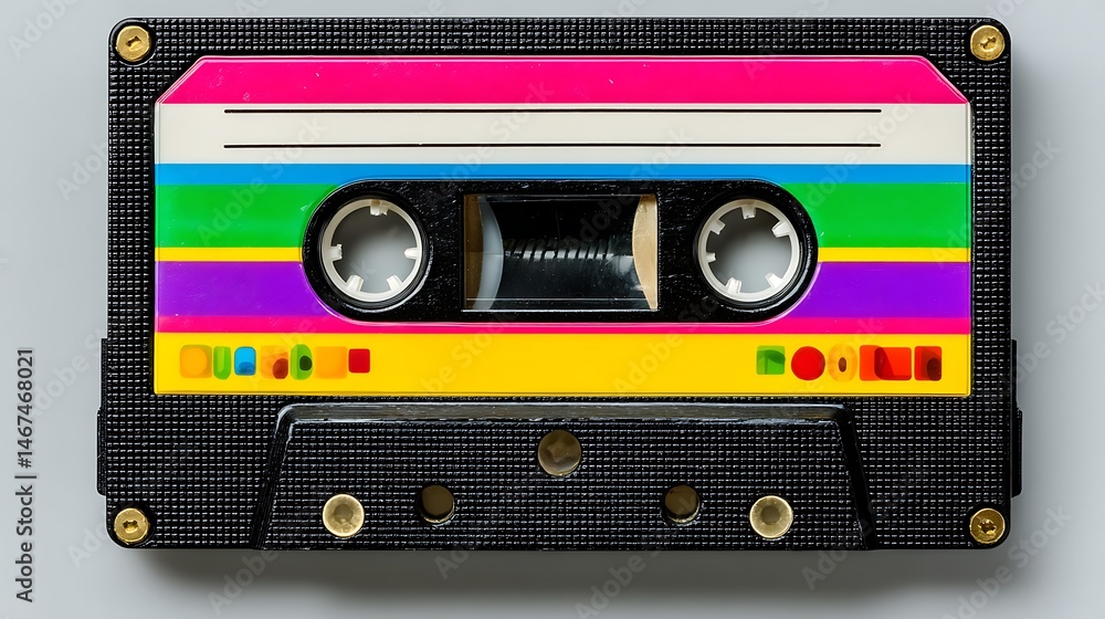 Naklejka premium Retro Colorful Cassette Tape with 80s Music Nostalgia.