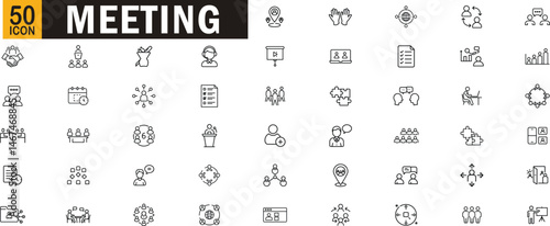 Meeting outline icon set. Includes business conference, remote collaboration, presentations, team planning, brainstorming, agenda, and online meeting tools.