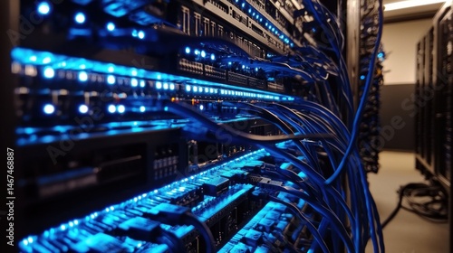 Close-up of server rack with illuminated components and cables