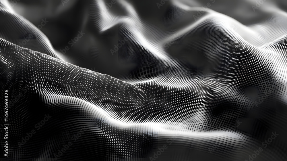 Abstract black and white pixelated fabric texture with grainy halftone pattern, resembling risograph print and layered fibers. Perfect for graphic design, printmaking, and monochrome backgrounds.