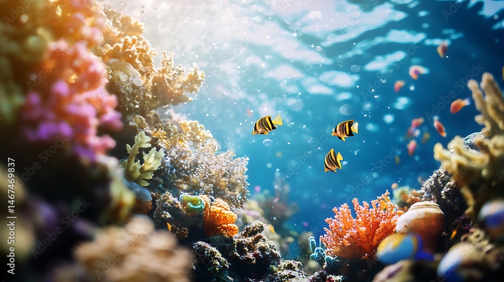 Fototapeta premium Vibrant reef scene with colorful fish and coral under shimmering water.
