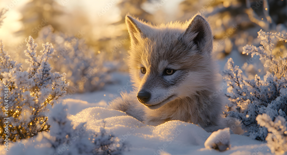 Adorable Fluffy Dire Wolf Pup Playing in Snowy Landscape – Winter Wildlife Fantasy Scene