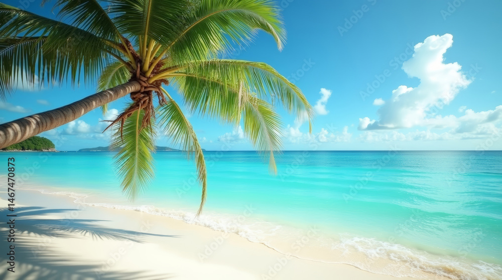 Tropical palm tree on sandy beach against blue sea and clear sky, summer vacation paradise Tropical palm tree on sandy beach against blue sea and clear sky, summer vacation paradise