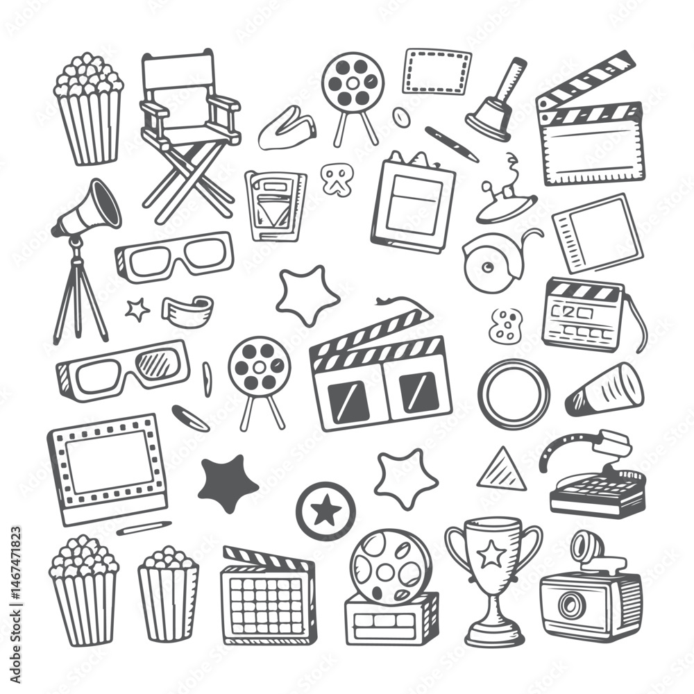 Set of movie doodle on white background. Hand drawn abstract doodle isolated on white background. Set of movie doodle on white background. Hand drawn abstract doodle isolated on white background.
