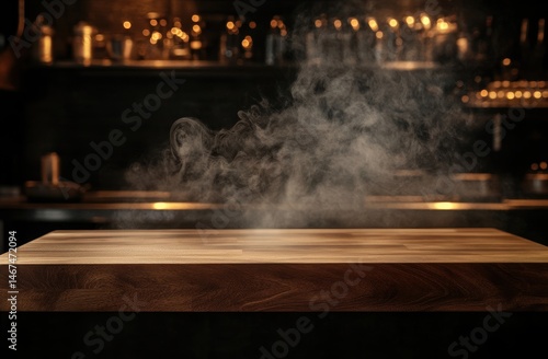 Empty wooden bar counter top with smoke