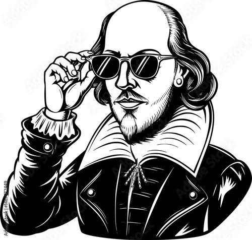 Cool William Shakespeare Vector Illustration – Rockstar Style Bust in Sunglasses , Black and White Retro Pop Culture Icon