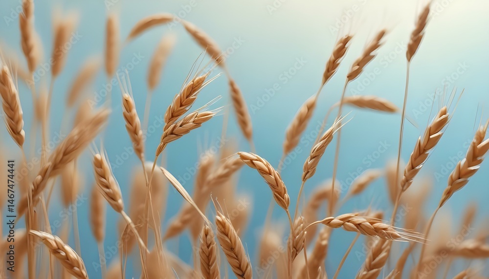 Close-up of golden wheat heads swaying gently in the sunlight against a soft, blue sky. Close-up of golden wheat heads swaying gently in the sunlight against a soft, blue sky.