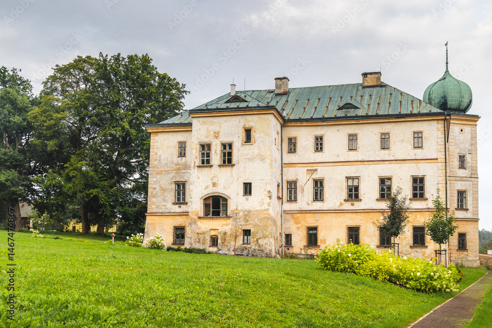 Fototapeta premium Adrspach castle in Adrspach-Teplice Rocks area, in Hradec Kralove Region in the Czech Republic, Europe. Exterior view of a historic building with a large green lawn, trees, and a cloudy sky overhead.