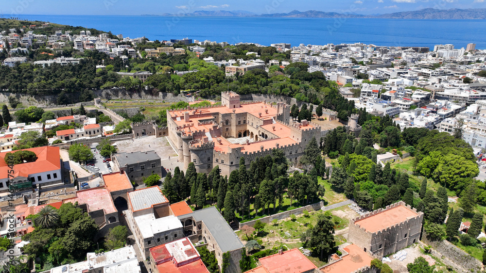 Fototapeta premium Aerial drone photo of scenic Palace of the Grand Master in old town of Rhodes island an unesco world heritage site, Rhodes island, Dodecanese, Greece