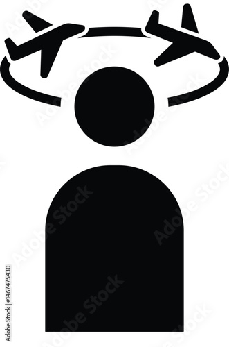 Black 2D vector icon of jet lag recovery used in travel and adventure-related designs