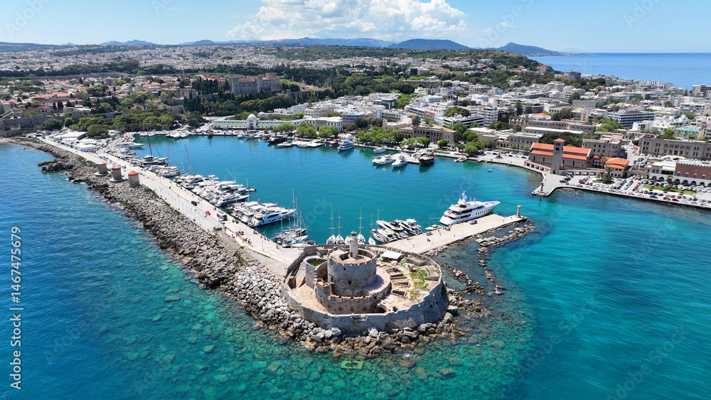 Aerial drone photo of scenic Saint Nicholas Fortress built in main waterfront of Mandraki near windmills pier, Rhodes town, Dodecanese, Greece