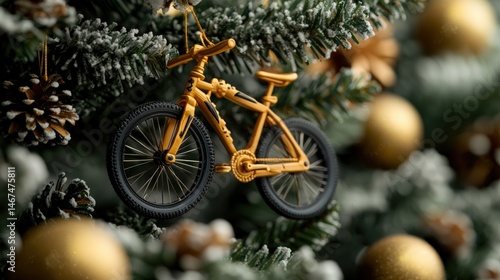 Small yellow bicycle ornament decoration hanging on Christmas tree branches surrounded by gold baubles pinecones and greenery in festive holiday scene