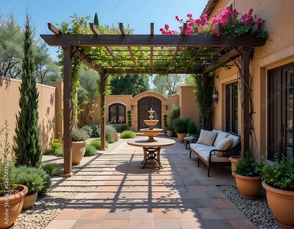 Fototapeta premium Mediterranean Courtyard with Pergola, Fountain, and Lush Plants