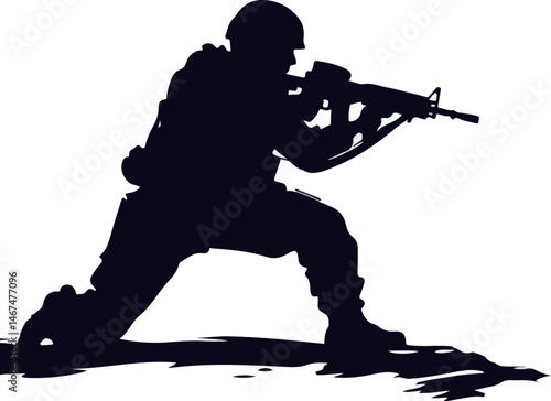 Black Silhouette of Kneeling Soldier Aiming Rifle