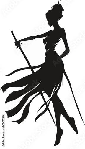 Dark Silhouette of Swordswoman with Flowing Dress