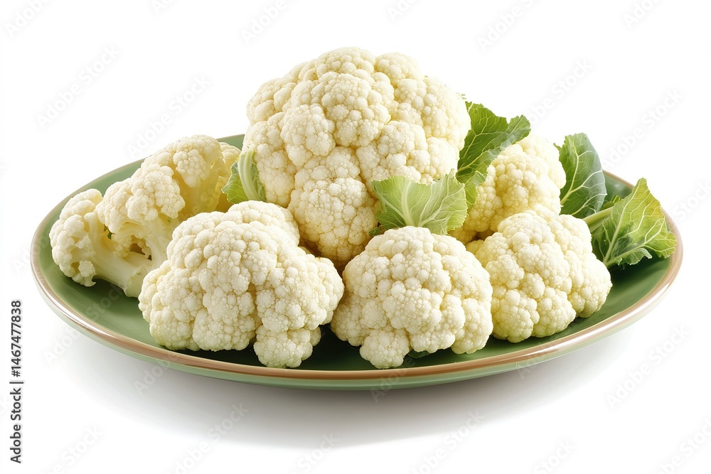 A plate of roasted cauliflower with a slight golden-brown crisp, placed on a white background A plate of roasted cauliflower with a slight golden-brown crisp, placed on a white background